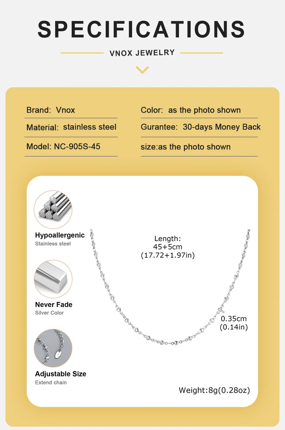 Vnox Minimalistische Herz-Gliederkette Trendige Edelstahl-Halskette für Party und Alltag – Detail 4