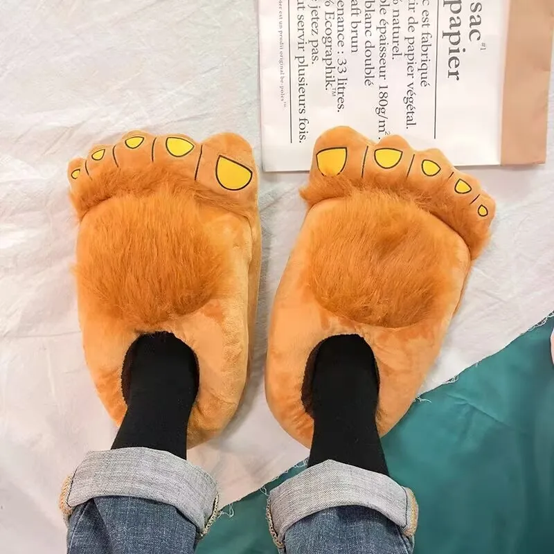 Fashionable Men\'s Wild Paw Slippers Home Fluffy Cotton Shoes Plus Size Mens Creative Animal Foot Shape Shoes Big feet Fur Slides