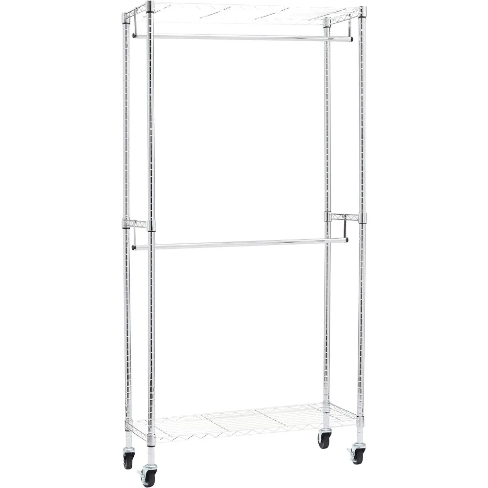 

Basics Adjustable, Double Hanging Rod Garment Rolling Closet Organizer Rack, Black, 36'' x 14'' x 72''