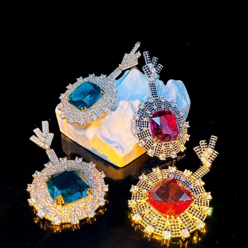 

Luxury Crystal Drop Earrings for Women Big Emerald Red Stone Earrings Elegant Full Rhinestone Party Wedding Jewelry Accessories