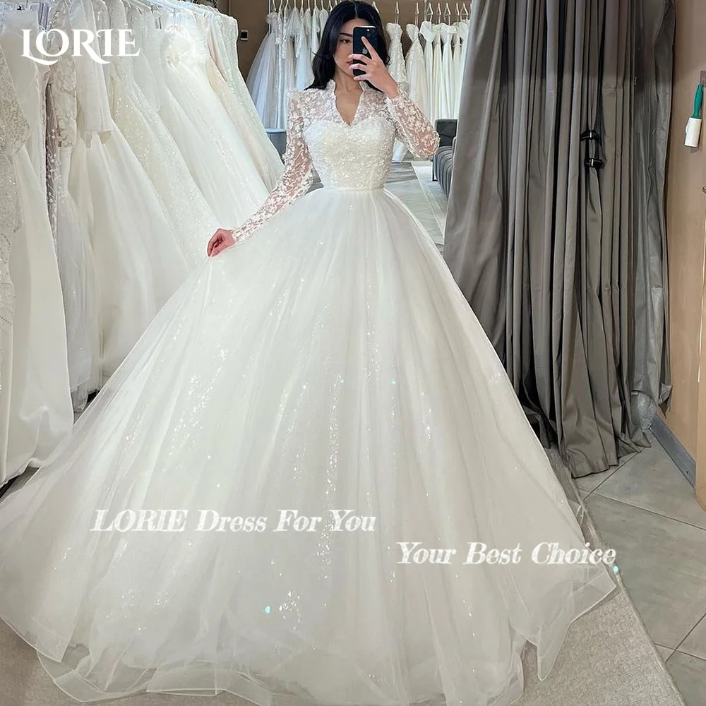 LORIE Vintage Glitter Lace Wedding Dresses A-Line Shiny Appliques V-Neck Bridal Gowns Princess Sparkly Bride Dress Customized