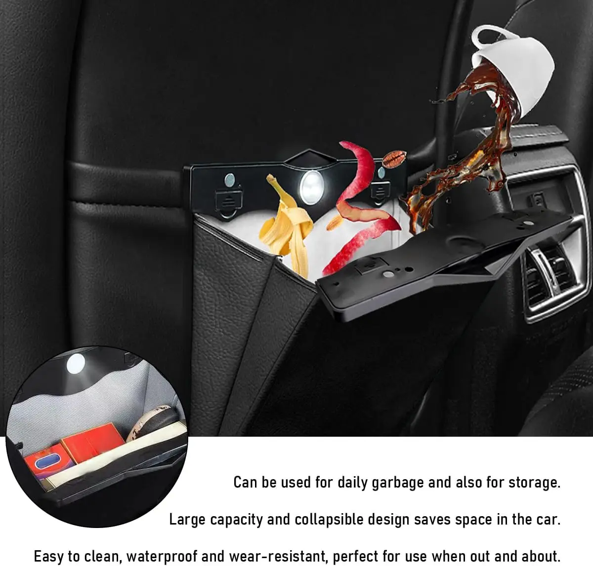 حقيبة قمامة معلقة للسيارة، سلة قمامة مغناطيسية قابلة للطي مع مصابيح LED، جيب تخزين جلدي مقاوم للماء - أسود