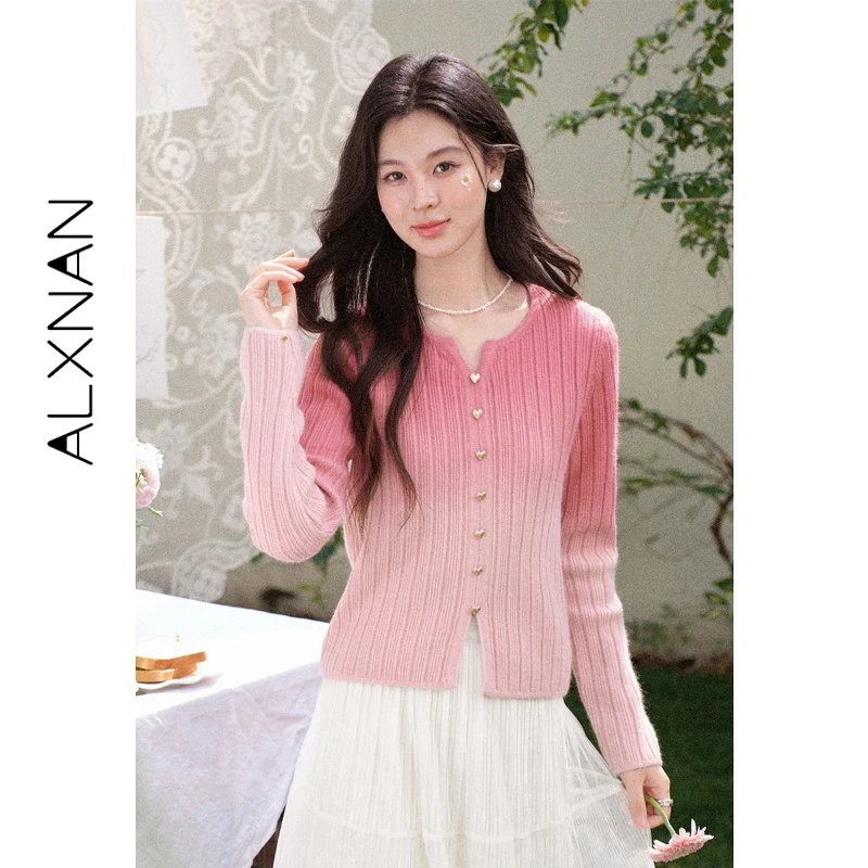 

ALXNAN Women's Sweater 2026 Spring Gradient Pink Heart-shaped Button Long Sleeve Pullover Casual Slit Knit Tops Ladies L61210