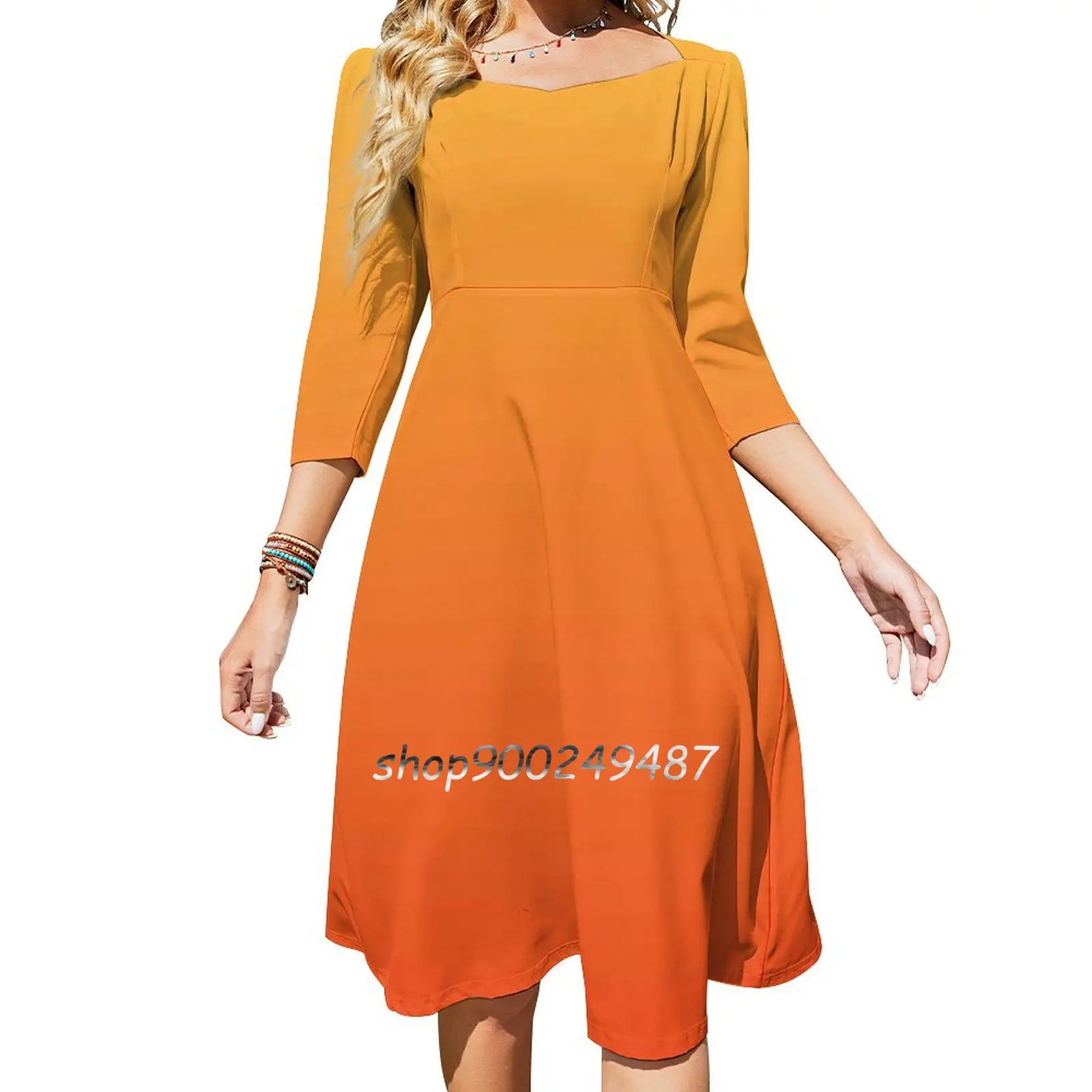 Yellow To Orange Color Change Square Neck Dress Sweet Summer Dress Women Multiple styles Print Dress Orange Yellow Fiery Sunset