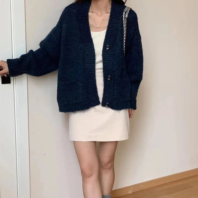 Korean style Autumn Winter Women Cardigan Sweater Single Breasted V-Neck Females Trendy Chic Leisure Elegant Outwear Knitted