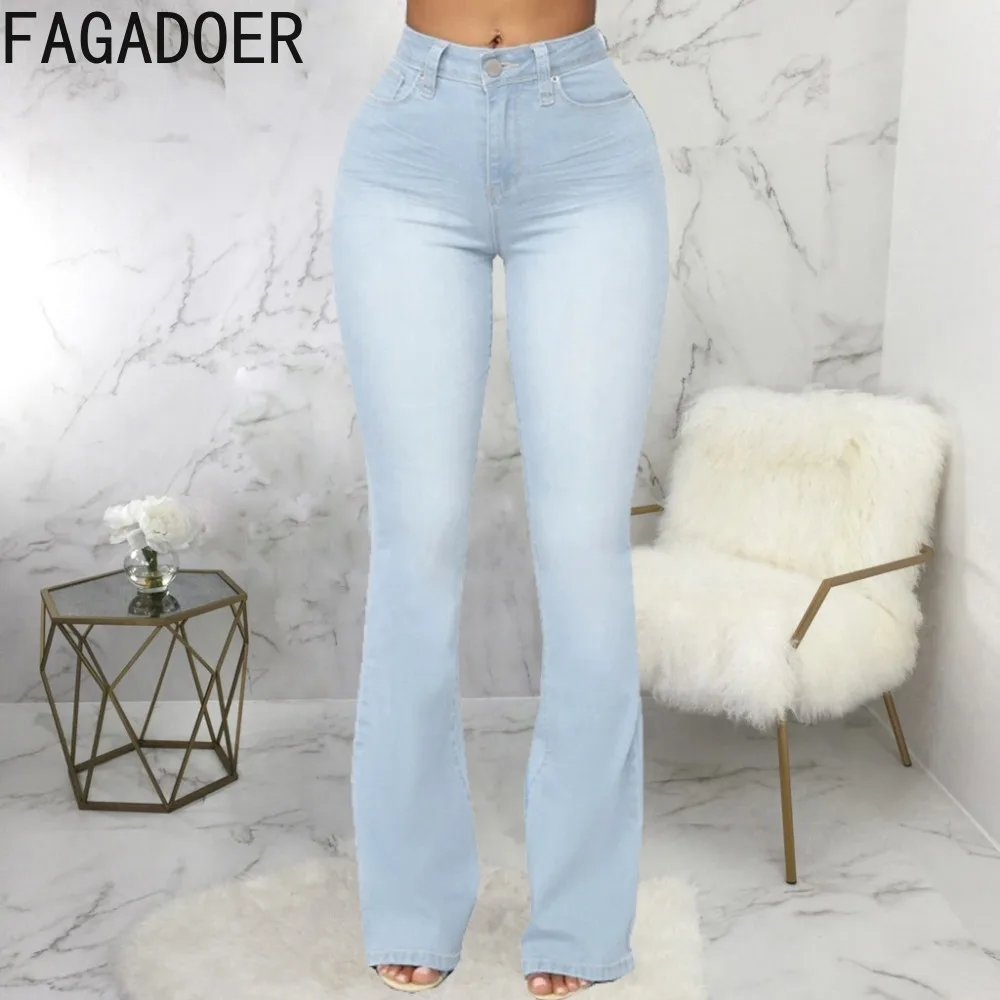 FAGADOER Fashion Jean Elasticity Skinny Flare Pants Women High Waisted Button Pocket Slin Denim Trousers Female Cowboy Bottoms