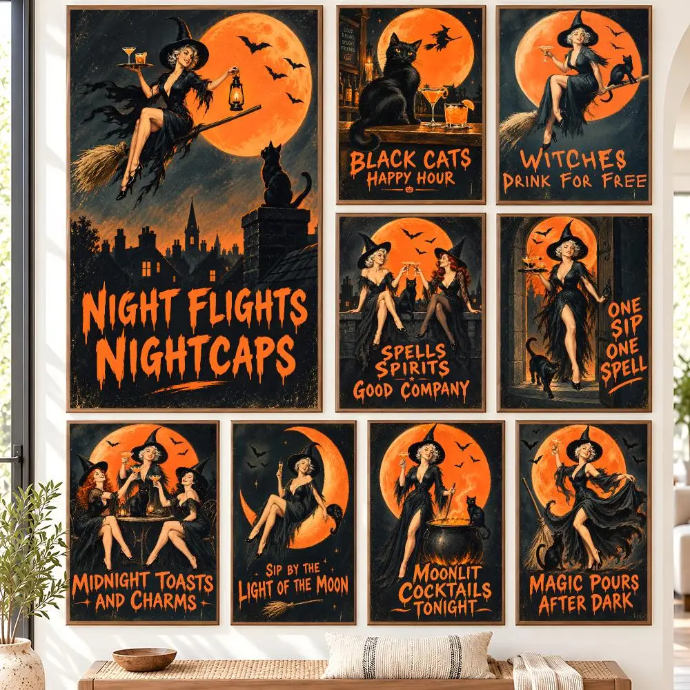 Midnight Witch Cocktail Party Under The Orange Moon Poster Self Adhesive Matte Wall Art Removable Home Room Decoration