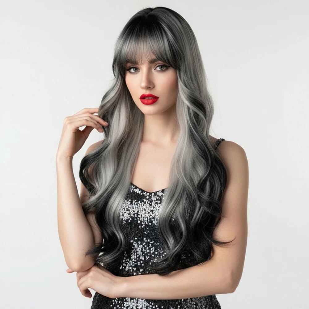 

VICWIG Synthetic Long Wavy Ombre Grey Black Wig with Bangs Fluffy Women Lolita Cosplay Heat Resistant Wig for Daily Party