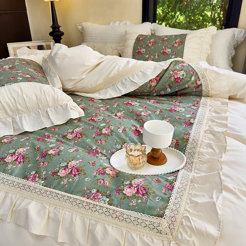 Vintage French Style Flowers Lace Ruffles 100% Cotton Bedding Set Queen King Duvet Cover Set Bed Skirt Or Bed Sheet Pillowcases