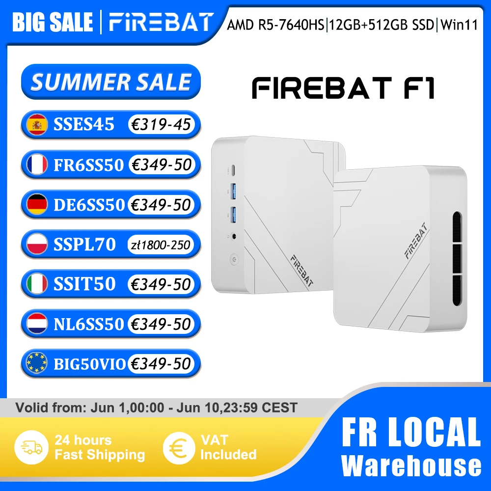 Firebat Mini PC F1 AMD Ryzen 5 7640HS Ordinateur de bureau de jeu 12 Go DDR5 512 Go SSD Windows 11 pro Wi-Fi 6 USB4.0 Ordinateur compact