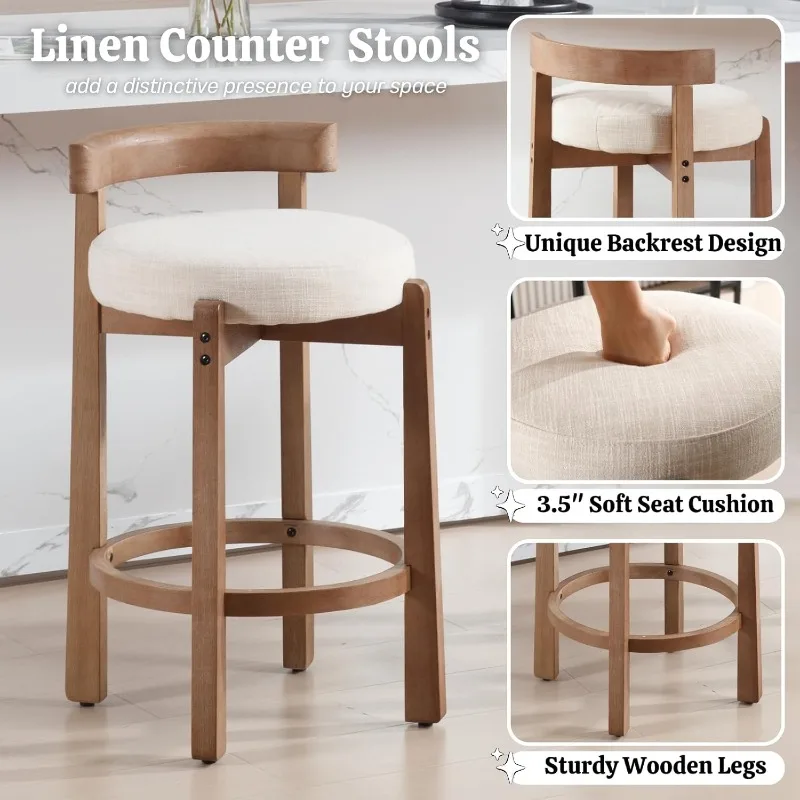 HEAH-YO Mid Century Modern Bar Stools Set of 2, 26.5" Counter Stools with Back, Linen Upholstered Barstools