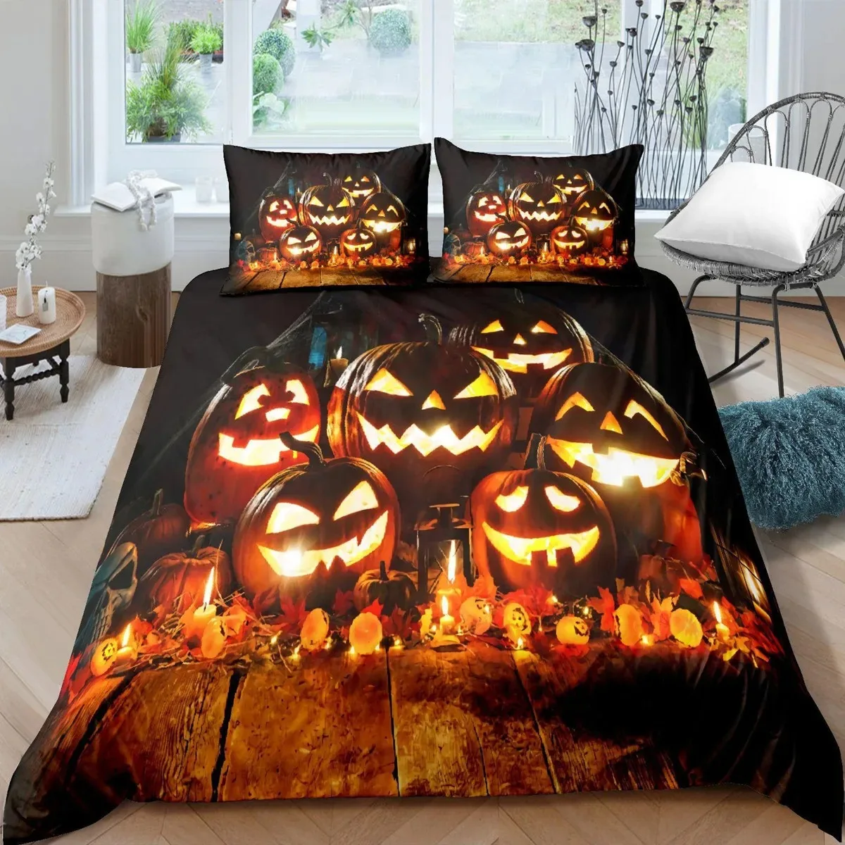 

Halloween Set Halloween Pumpkin Ghost Festival Themed Bedding Set For Kid Boy Teen Microfiber Queen Size Quilt Cover