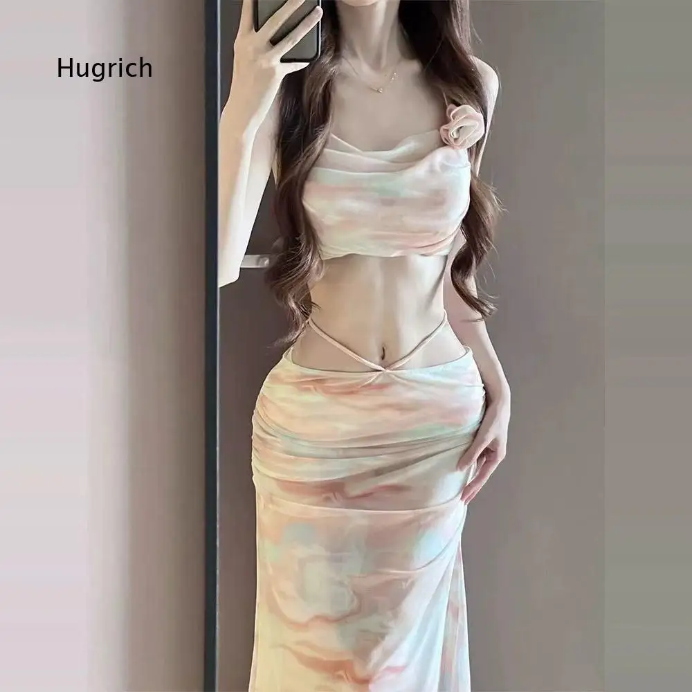 Women 3 Piece Watercolor Print Bikini Set Draped Spaghetti Strap Crop Top High Cut Briefs And Ruched Wrap Long Cover Up Skirt