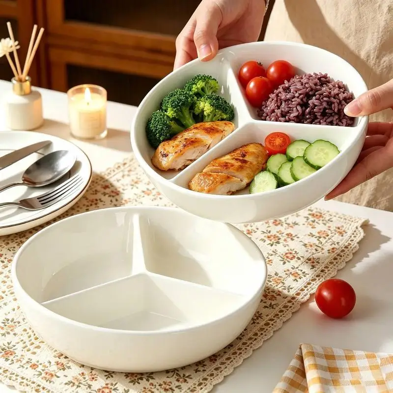 3 Compartments Grid-shaped Dinner Plate Round Plastic Snack Serving Platter Durable Large Capacity Divided Food Tray Rice Cooke