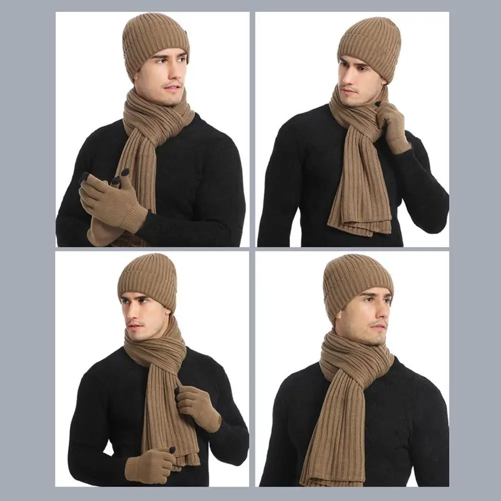 Thickened Beanies Scarf Gloves Set Fleece-lined Unisex Long Scarf Neck Warmer Winter Warm Knit 3 in 1 Set for Cold Weather