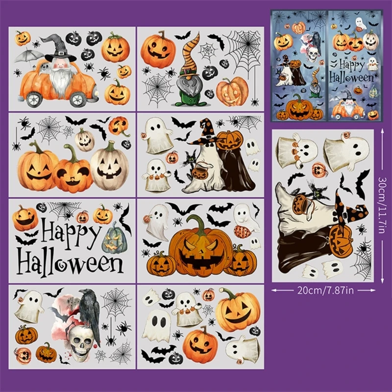 Reusable Halloween Window Stickers Ghostly Evil Pumpkins Bat Gnomes Designs Glass Decal Set for Horror Home Decoration