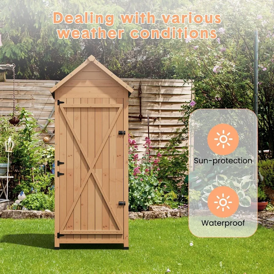 Outdoor Storage Shed: Waterproof Wooden Vertical Garden Cabinet with 3 Shelves, Lockable Door Roof Storage Space-Saving Design