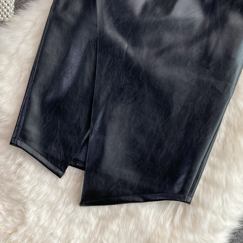 Hoge taille PU-leren rok Asymmetrisch Halflang Dames Faionable OL Strakke pasvorm Wikkel rond rok Pendelen Sle Pure kleur