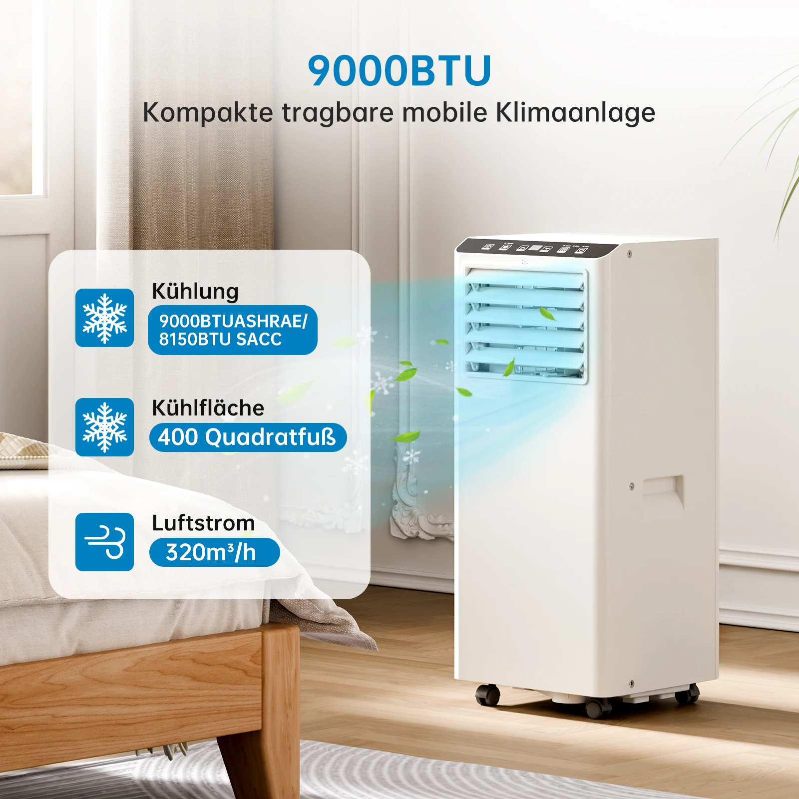 Mobiele airco 7000/9000 Btu/H, 4-in-1 airconditioner, ventilator, ontvochtiging, ventilatie met afstandsbediening en 24 uur timer