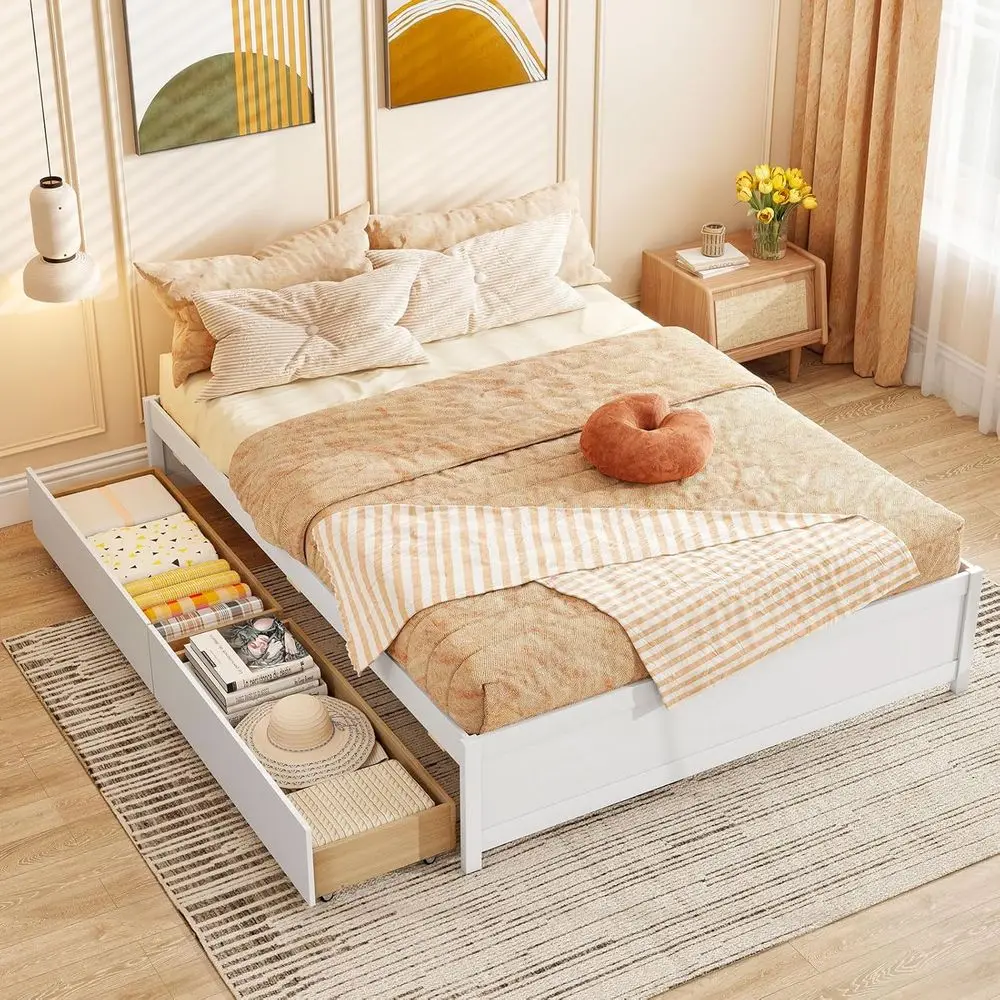 Queen Size ed e with 2 StoraDers, Solid Wood Platorm ed with Slats Support, Heavy Duty Dayed with Stora, No ox Spring Needed, Qu
