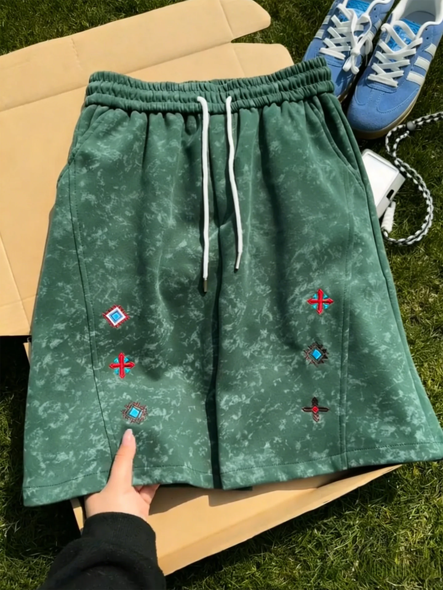 

Tie Dye Embroidered Shorts Men's Summer Thin Slant Cut Five Parts Mid-Pants Youth Basketball Sports Pants Casual Outdoor Style