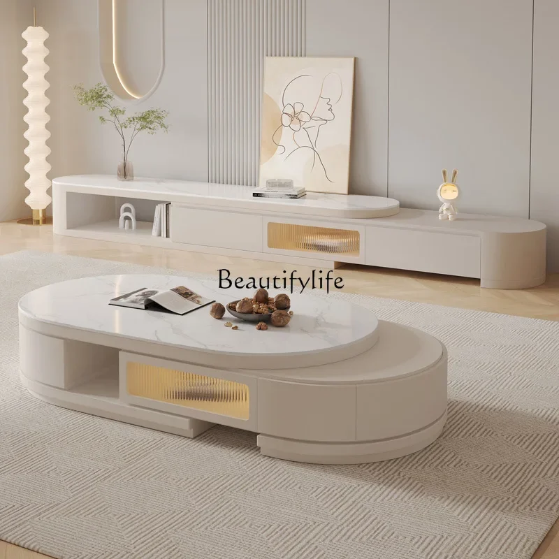 * طاولة قهوة بلاطة صخرية قابلة للسحب لغرفة المعيشة طاولة قهوة بيضاوية منزلية #5