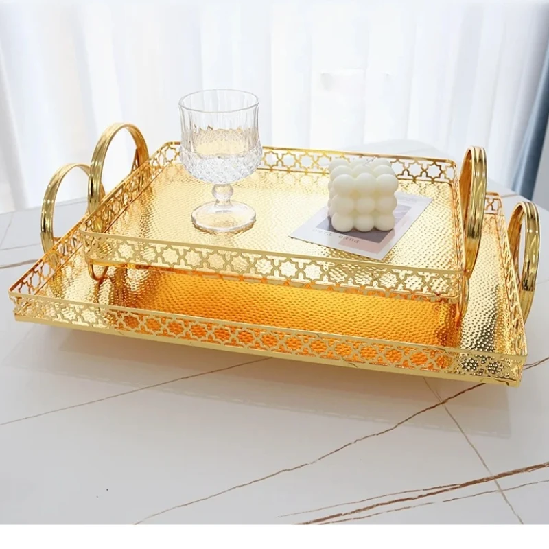 

Metal Storage Tray Golden Rectangle Binaural Decorative Plate Cake Pan Snacks Dessert Plate Fruit Tray Desktop Organize Disk