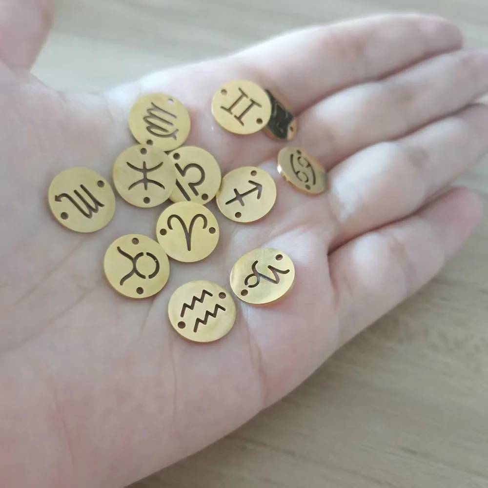 10pcs/Lot Stainless Steel Round Whole Twelve Zodiac DIY Constellation Two Holes Connectors Charms Jewerly Making Accessories