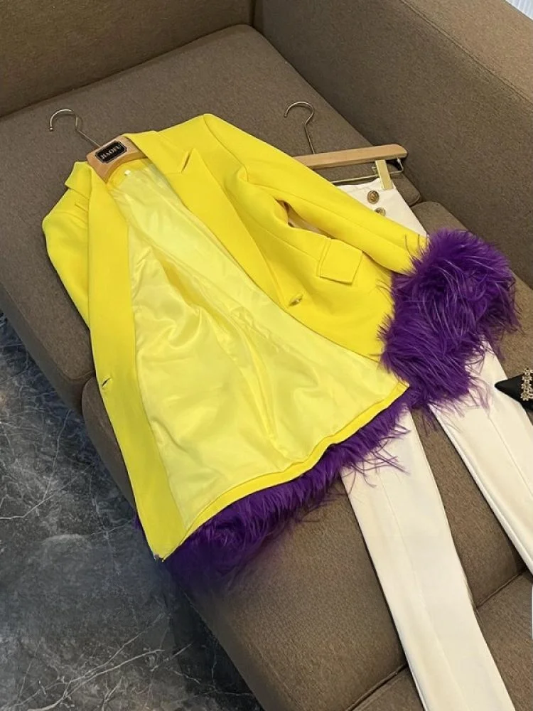 

Faionable Winter Women's Suit Jaet Detachable Feather D930 Commute Sle Long Sve Double Button Pure Color Chinese Pro...