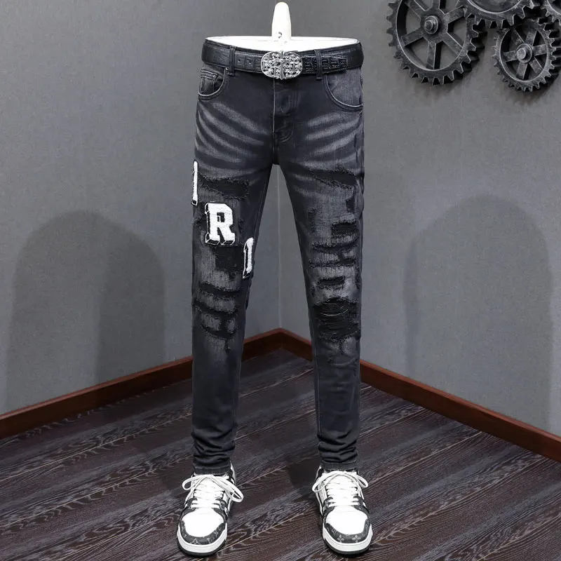 

Designer High Street Fashion Jeans Stretch Slimming Retro Black Washed Jeans Patch Designer Hip Hop Brand Splicing Jeans