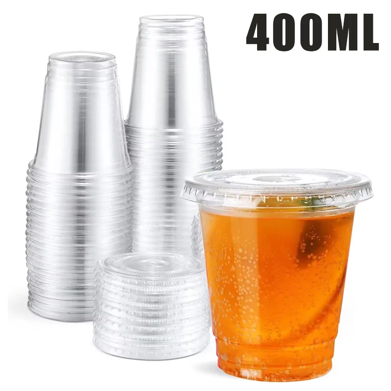 400ml Plastic Cups with Lids Snack and Drink Cup Double Plastic Cold Cup Clear Disposable PET Plastic Cup Boba Milk Tea Cup