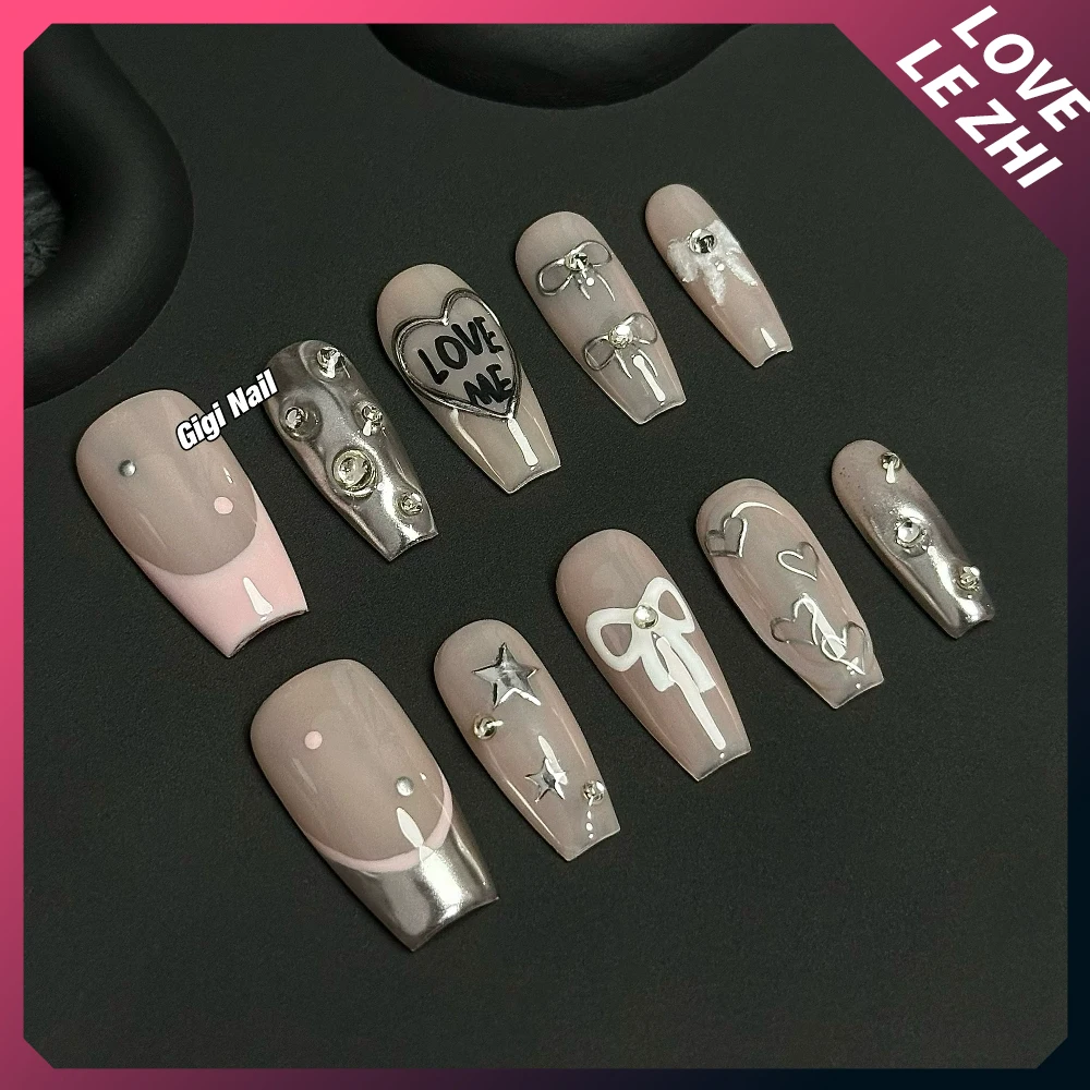 الحلو كول الشرير اليدوية نعش طويل انفصال اضغط على الأظافر مرآة سحرية مسحوق فراشة سلسلة لهب الفرنسية غطاء كامل الأظافر #4