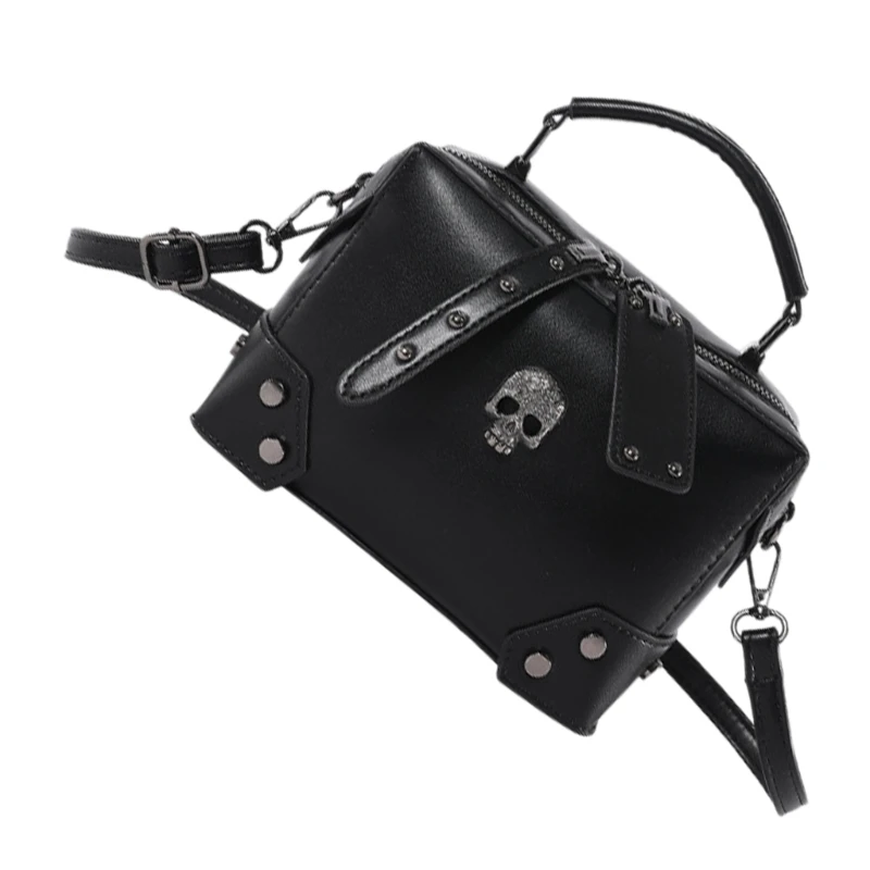 PU Leather Small Shoulder Handbag Gothic Punk Skull Crosses Chain Crossbody Bag Purse with Top Handle for Daily Use