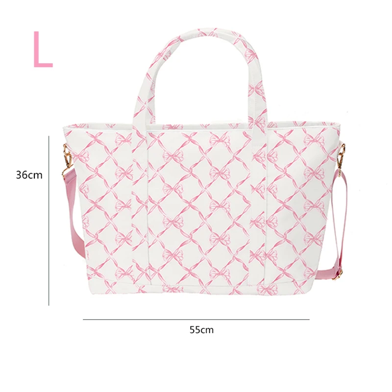 New Design Nylon Bow Grid Pink Blue Printed Ladies Tote Bag Waterproof Handbag Women Girl Travel Shoulder Bag