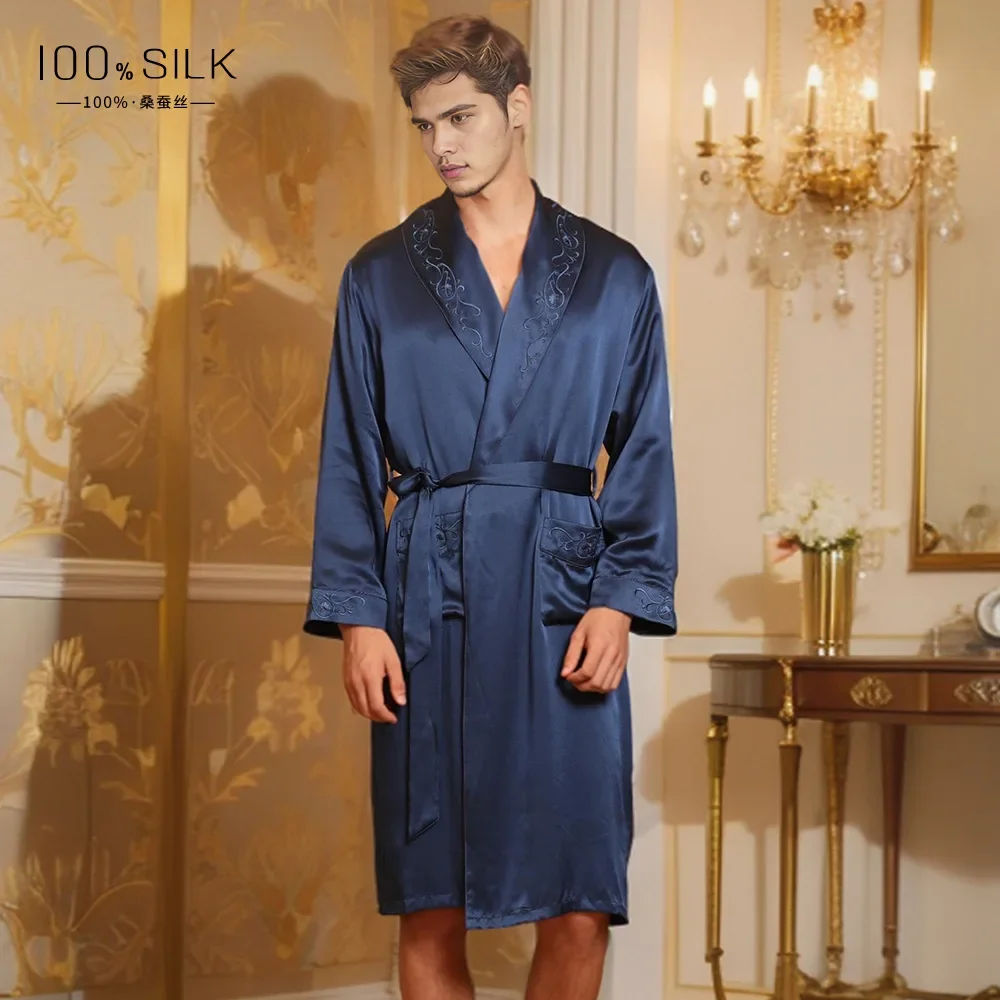19 Momme Heavyweight Silk Robe for Men 100% Mulberry Silk Kimono Pajama Autumn and Winter Mid-Long Length Nightwear Morning Robe