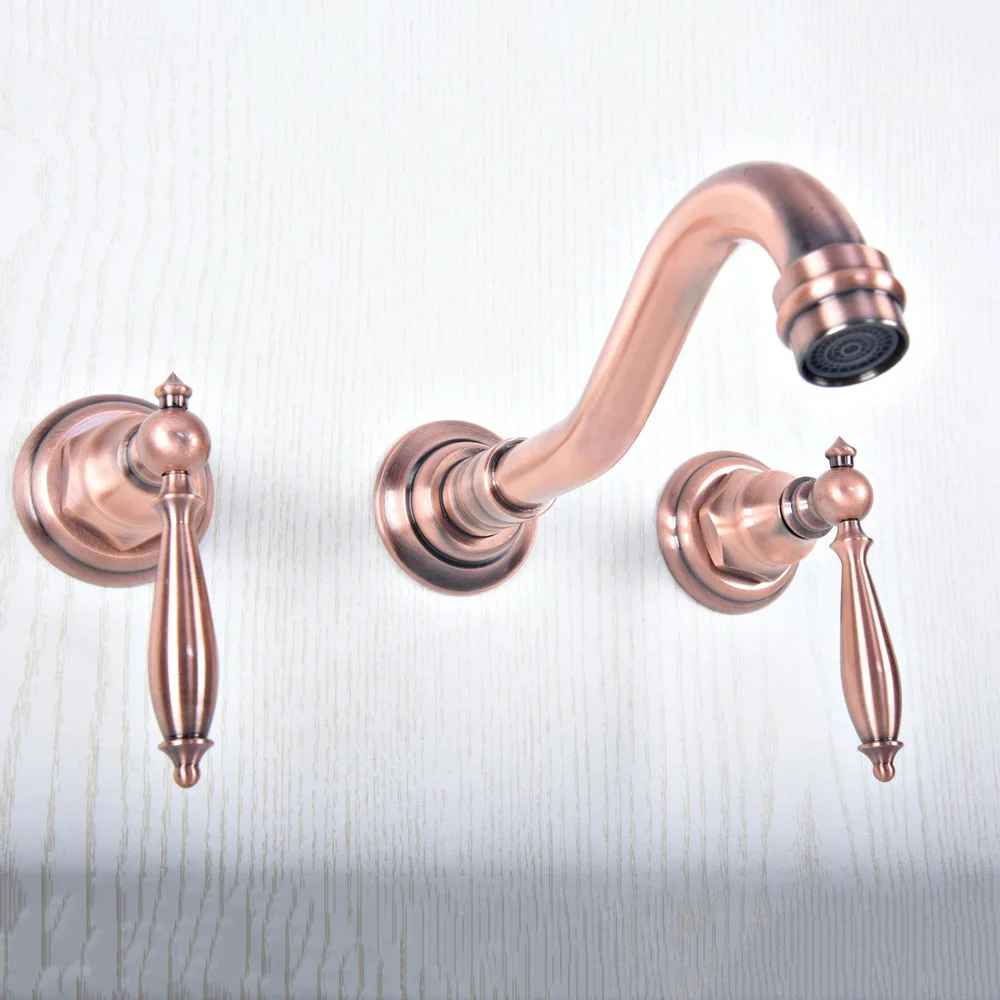 

Antique Red Copper Retro Brass 3 Hole Wall Mount Kitchen Bathroom Basin Sink Faucet Hot Cold Mixer Water Bathtub Taps 2sf502