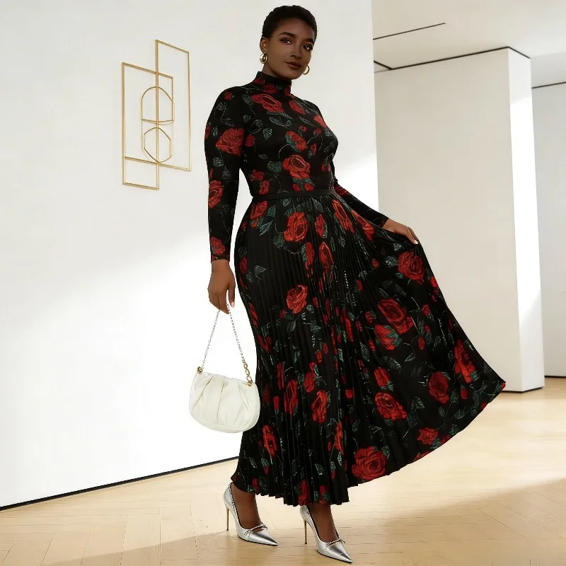 مياكي مطوي Plisse تنورة مجموعة 2026 ربيع جديد الطيات Jupe مجموعة الوفرة الوردية المطبوعة كبيرة الحجم المرأة أضعاف تنورة مجموعة