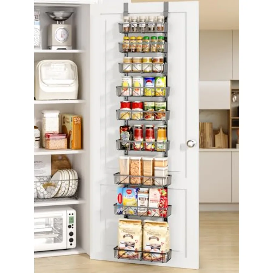 

Adjustable Narrow Over the Door Pantry Organizer, 9-Tier Metal Pantry Organization and Storage for Kitchen, Hanging Spice Rack