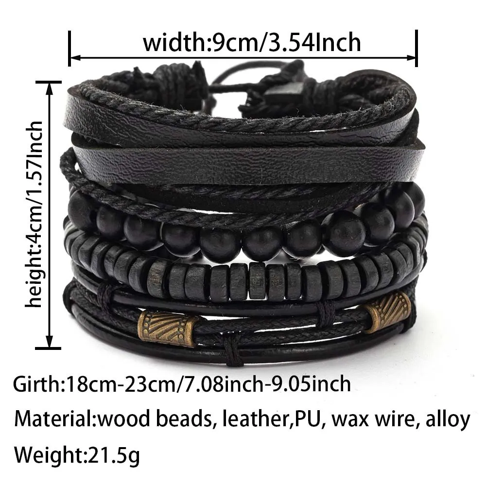 4PCS Fashion Vintage Multi-Layer Wooden Beads Trendy Accessories Men's Bracelet image 6