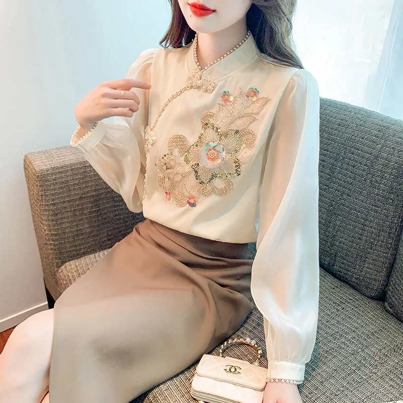 #2553 Spring Retro Chiffon Blouse Women Stand Collar Irregular Blouse Femme Long Sleeve Split Joint Sequined Flower France Style