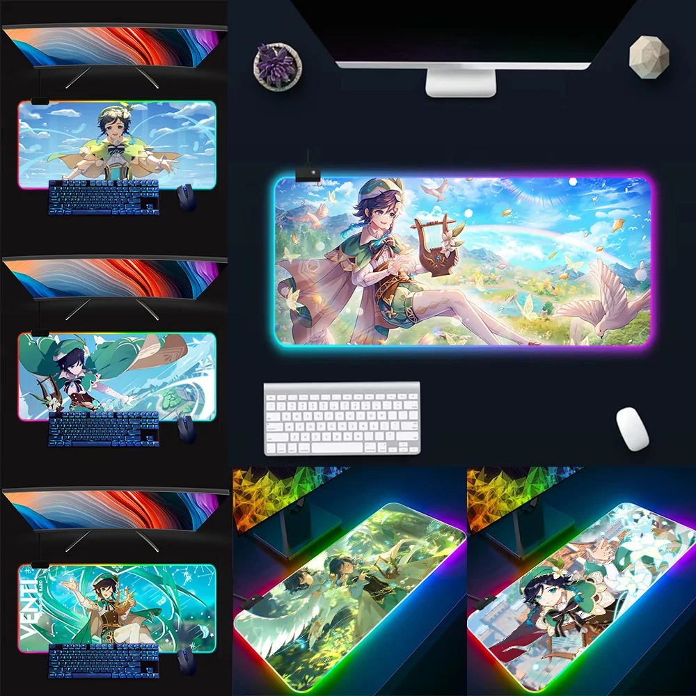 

Game Genshins Impacts Venti RGB Pc Gamer Keyboard Mouse Pad Mousepad LED Glowing Mouse Mats Rubber Gaming Computer Mausepad Gift