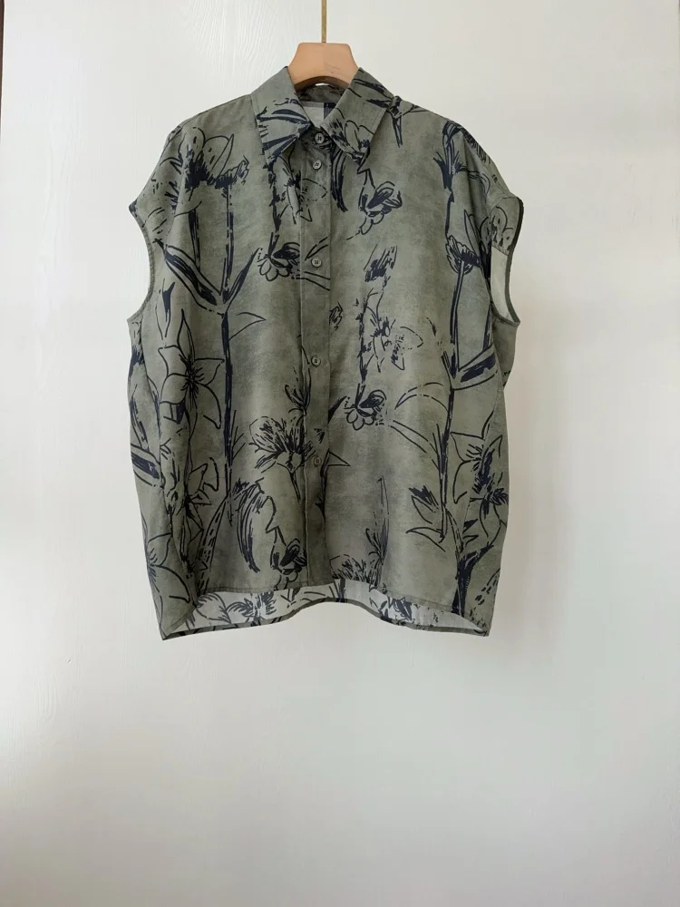 

Summer Blouses 2025 Women Fashion Turn-down Collar Print Loose Bat Shirt