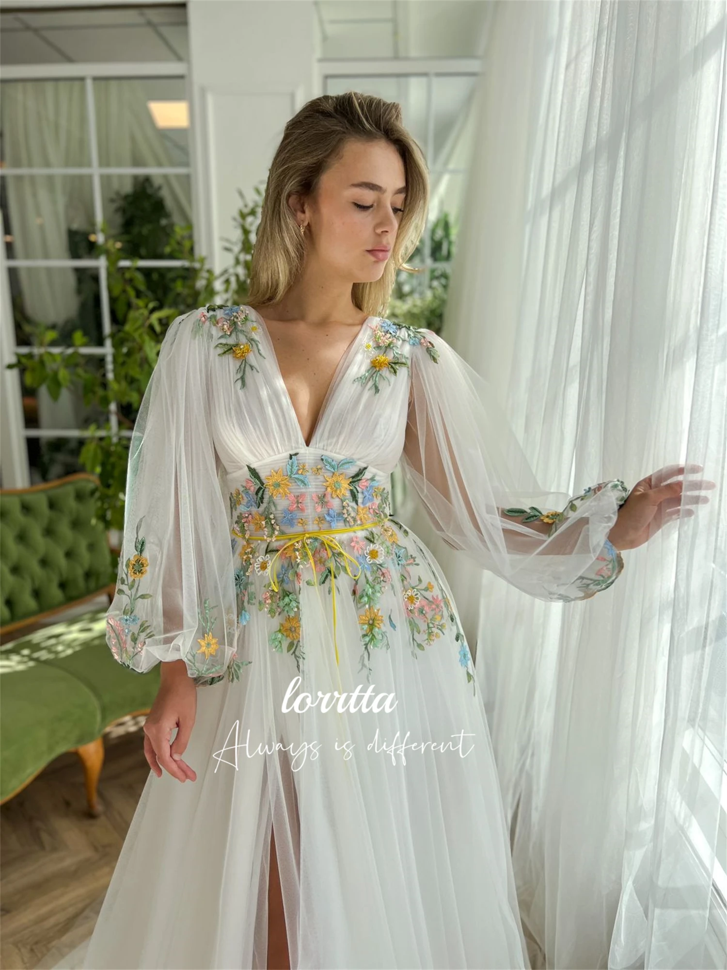 Vestido de formatura para festa de casamento, linha de tecido bordado floral, mangas compridas, vestidos personalizados para ocasiões formais