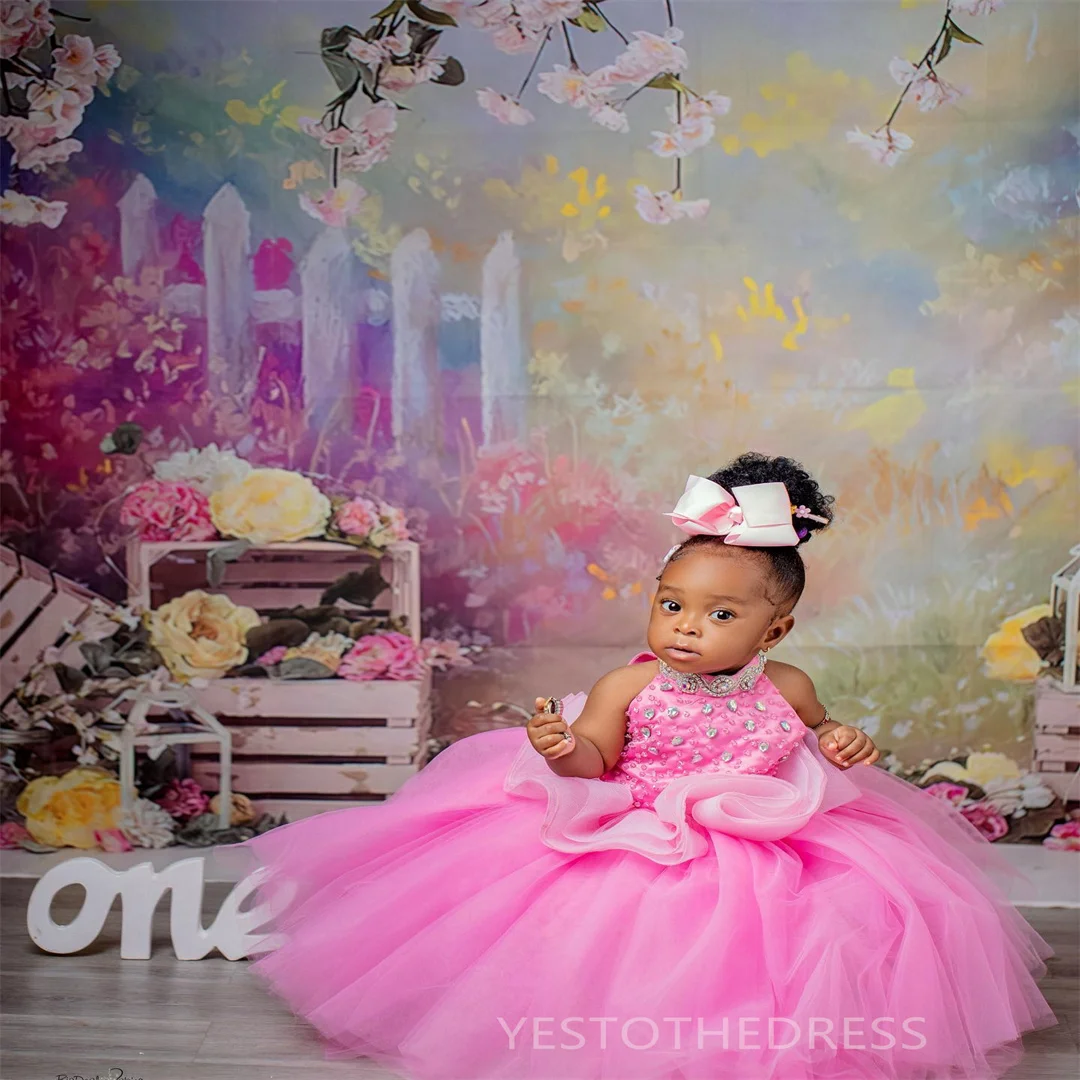 

Pink Little Girls Birthday Dress Flower Girl Dresses Communion Gowns Halter Beaded Rhinestones Crystals Tiered Tulle Floor Lengt