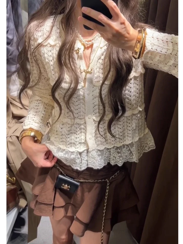 

Sweet Sle Knitted Hollow out Long Sve round Ne Coat for Women Autumn New Arrival Romantic anenil Loose Fit Polyester...