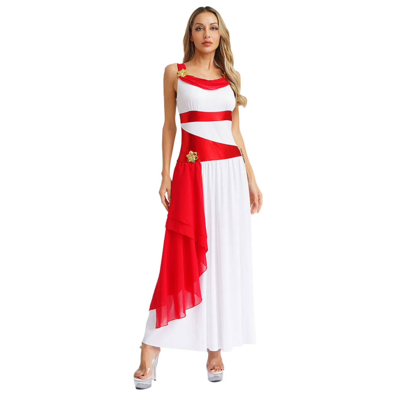 

Women Ancient Grecian Queen Cosplay Costume Halloween Party Role Play Costume Sleeveless Flower Decro Color Block Chiffon Dress