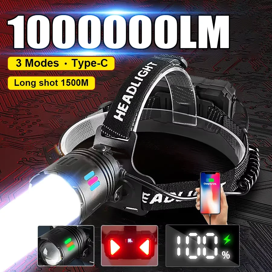 

100000LM Powerful Headlamp Rechargeable Headlight Led Head 1500M Long Range Head Flashlight Waterproof Head Lamp Fishing Camping