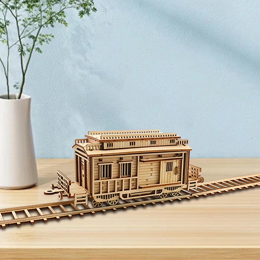 

OUZEY Vintage Steam Train 3D Puzzle, Wooden Railway with Bridge Model, Detailed DIY Toy & Display Gift