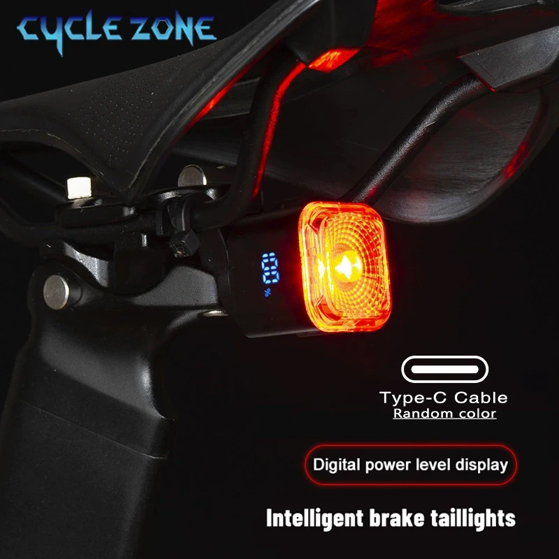 Bicycle Warning Rear Light Cycling Brake Sensing Taillight MTB Bike Digital Display LED Light Type-C Rechargeable Cycling Lamp