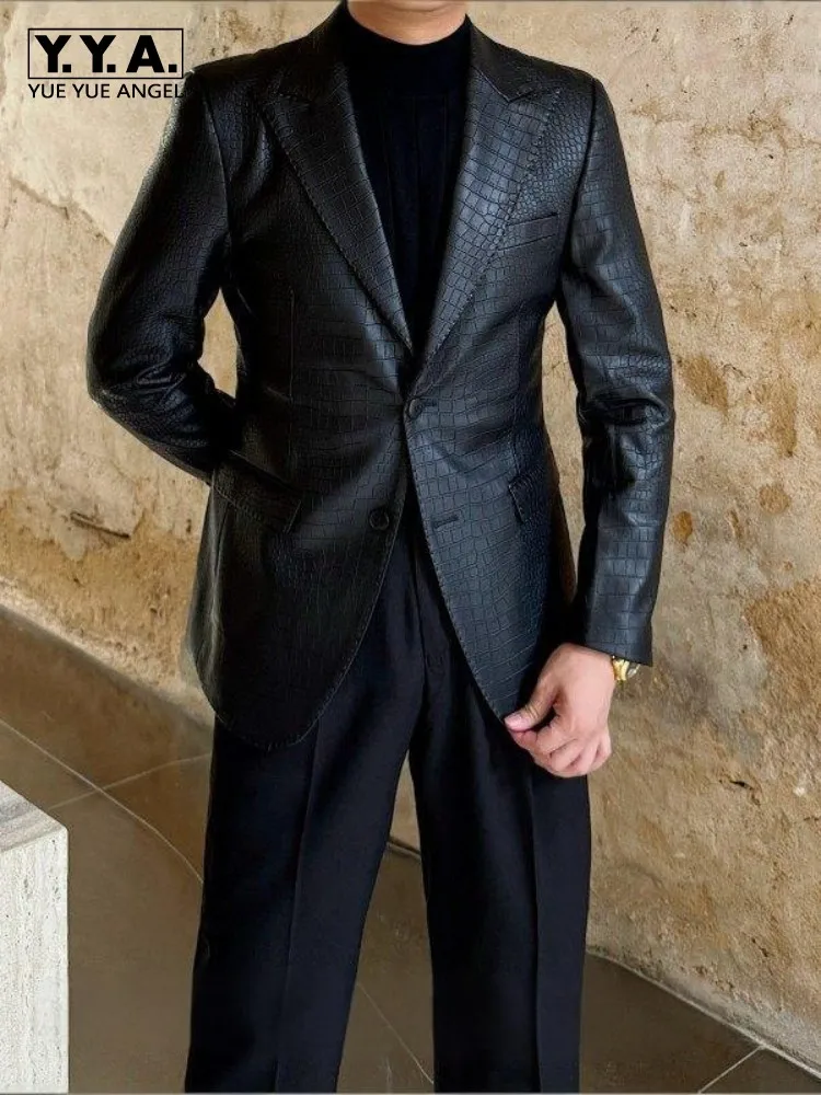 

Spring Mens Business Casual Slim Fit Faux Leather Suit Jacket Single Breasted British Style Vintage Office Men Blazers Coat Tops